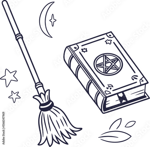 Isolated vector illustration of cleaning tools including a broom and mop with a black handle