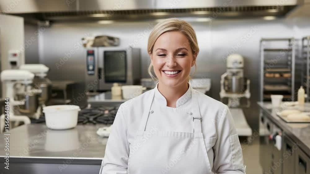 Smiling Blonde Chef in White Uniform Posing in Stainless Steel Kitchen Workspace Smiling Blonde Chef in White Uniform Posing in Stainless Steel Kitchen Workspace