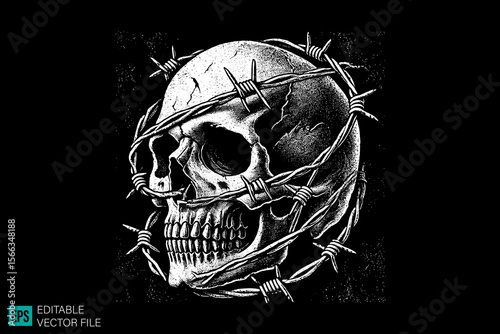 Skull head with fence dark art scary creepy style tattoo illustration vector black and white background templates