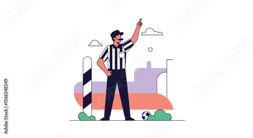 A football referee signals victory with arm raised high on a sunny day amidst a sports field setting