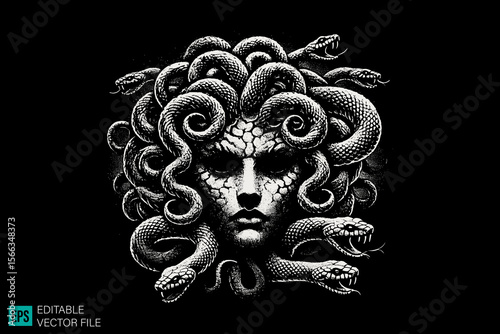 Medusa head skull dark art scary creepy style tattoo illustration vector black and white background templates