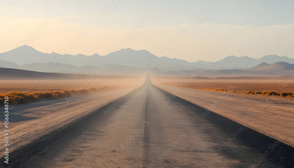 Fototapeta premium asphalt road laid through the desert, going into the distance. in the distance the road is obscured by sand dust. mountains are visible on the horizon