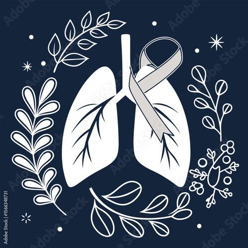 Stylized Lungs with Awareness Ribbon and Floral Elements Illustration