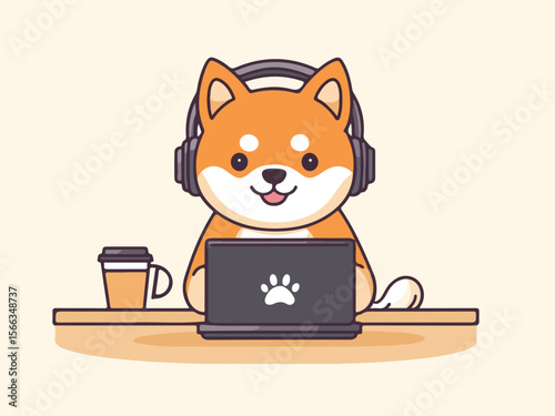 Cute Shiba Inu Working From Home with Laptop and Coffee Illustration