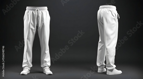 Blank white sweatpants mockup in front and side views, isolated on gray background, high-resolution 3D render for fashion design, apparel branding, or product presentation