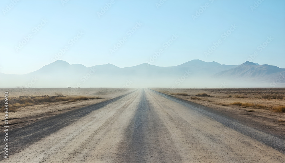 Fototapeta premium asphalt road laid through the desert, going into the distance. in the distance the road is obscured by sand dust. mountains are visible on the horizon