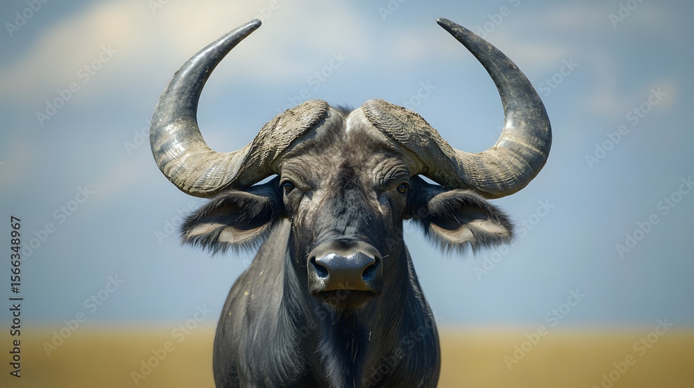 Naklejka premium Majestic African Buffalo Portrait Close Up Powerful Horns