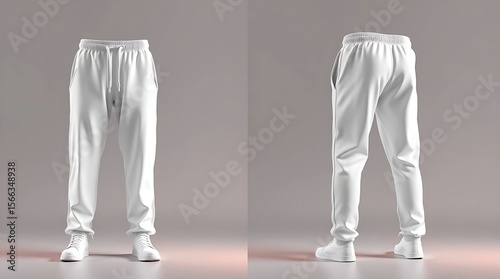 Blank white sweatpants mockup in front and side views, isolated on gray background, high-resolution 3D render for fashion design, apparel branding, or product presentation