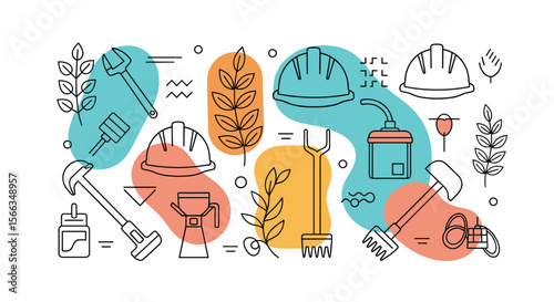 Illustrating the essential tools and protective gear used in building and construction industry for a safe work environment and successful project completion