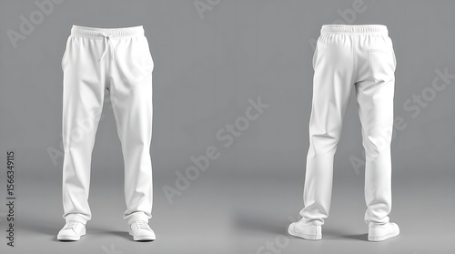 Blank white sweatpants mockup in front and side views, isolated on gray background, high-resolution 3D render for fashion design, apparel branding, or product presentation