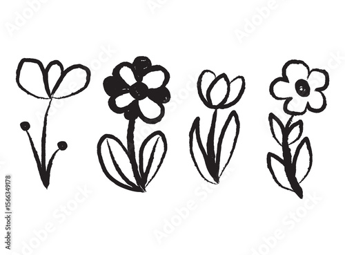 Set of black doodle-style flower illustrations. Minimalist and playful floral sketches perfect for stickers, DIY crafts, notebooks, wall art, or digital design.