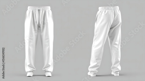 Blank white sweatpants mockup in front and side views, isolated on gray background, high-resolution 3D render for fashion design, apparel branding, or product presentation