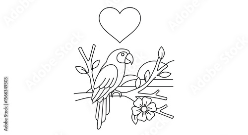 A single parrot perched on a branch beneath a blossoming flower with a heart symbol above its head showing affection and love