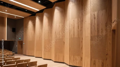 Obraz Modern wooden acoustic panels in a minimalist auditorium, showcasing architectural design and sound - absorbing features.
