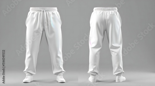 Blank white sweatpants mockup in front and side views, isolated on gray background, high-resolution 3D render for fashion design, apparel branding, or product presentation