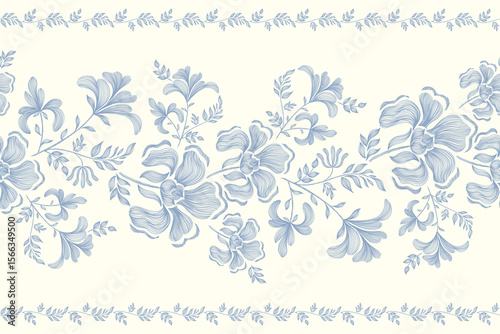 Vintage floral ethnic tapestry modern embroidery texture boho design vector illustration hand drawn silhouette indigo blue flower motif branches leaves wallpaper seamless background border.