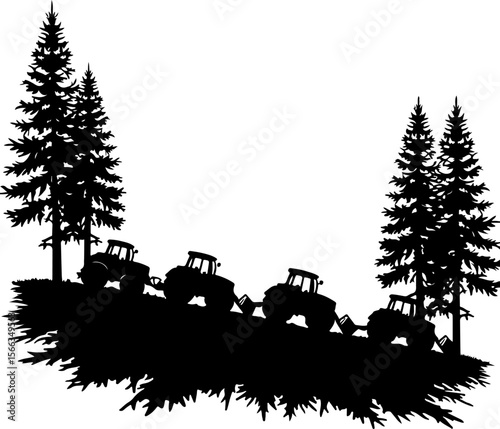 Tractor Convoy Silhouette with Forest Background vector 