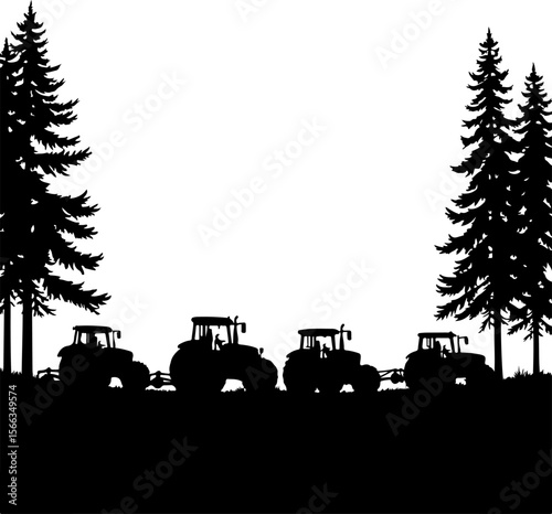 Tractor Convoy Silhouette with Forest Background vector 