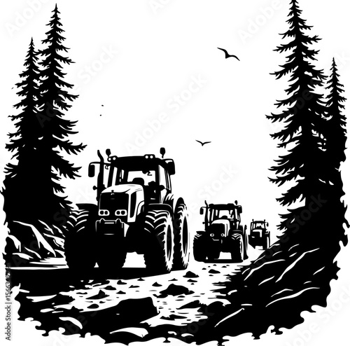 Tractor Convoy Silhouette with Forest Background vector 