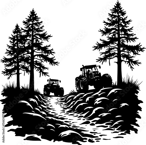 Tractor Convoy Silhouette with Forest Background vector 