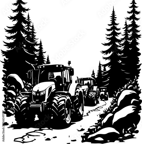 Tractor Convoy Silhouette with Forest Background vector 