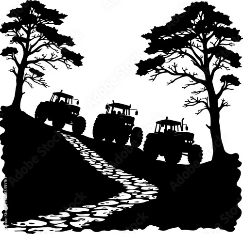 Tractor Convoy Silhouette with Forest Background vector 