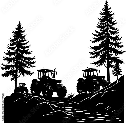 Tractor Convoy Silhouette with Forest Background vector 