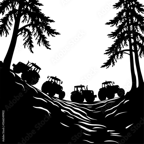 Tractor Convoy Silhouette with Forest Background vector 