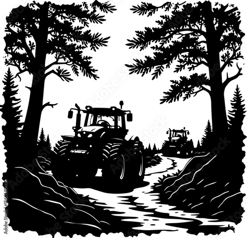 Tractor Convoy Silhouette with Forest Background vector 
