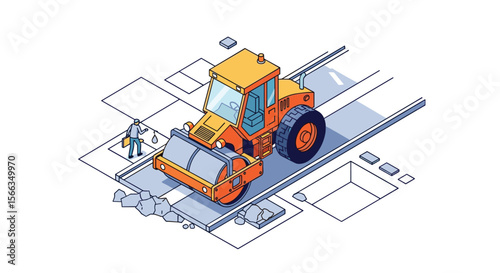 Illustration of a road roller compacting a new asphalt road on a construction site with a blueprint overlay showing the project design and a construction worker overseeing the progress