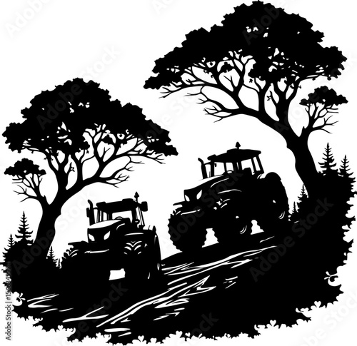 Tractor Convoy Silhouette with Forest Background vector 