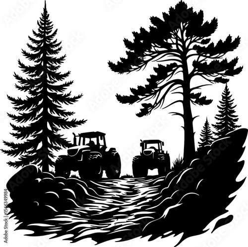 Tractor Convoy Silhouette with Forest Background vector 