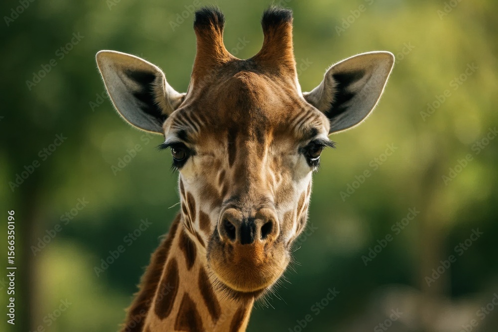 Obraz premium Close-up of a majestic giraffe in its natural habitat, with a serene backdrop of lush greenery