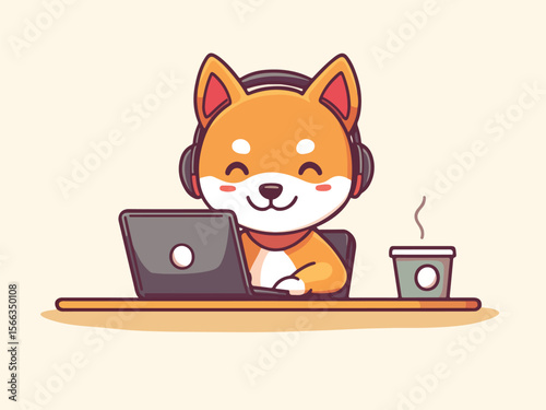 Cute Shiba Inu Working on Laptop with Headphones and Coffee Cartoon