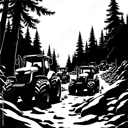 Tractor Convoy Silhouette with Forest Background vector 