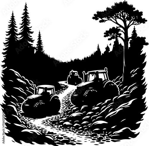 Tractor Convoy Silhouette with Forest Background vector 