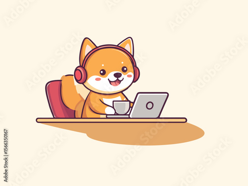 Cute Shiba Inu Working on Laptop with Headphones and Coffee Cup