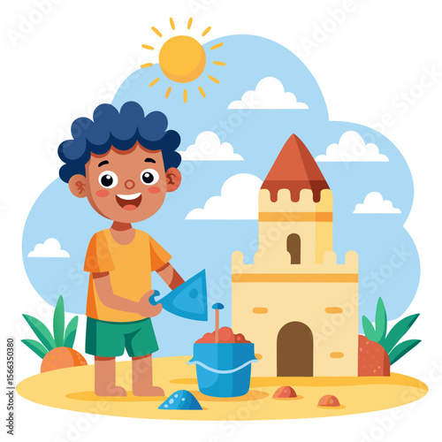 little boy playing with sand castle