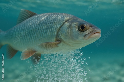 A solitary fish navigates the depths of the ocean, surrounded by a sea of bubbles