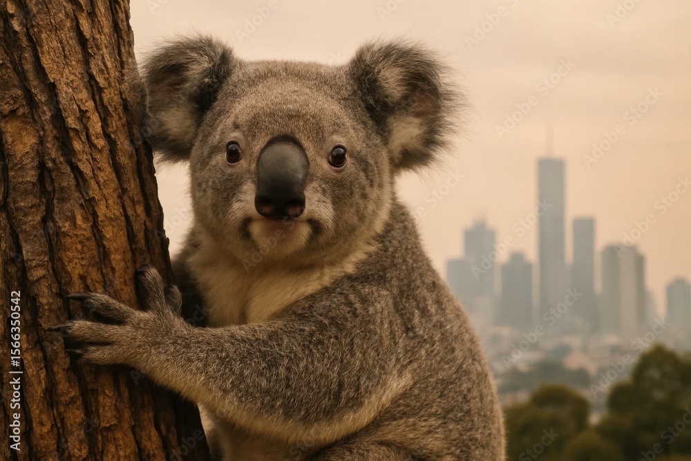 Obraz premium Amidst the haze of urban sprawl, a koala finds solace in nature's embrace