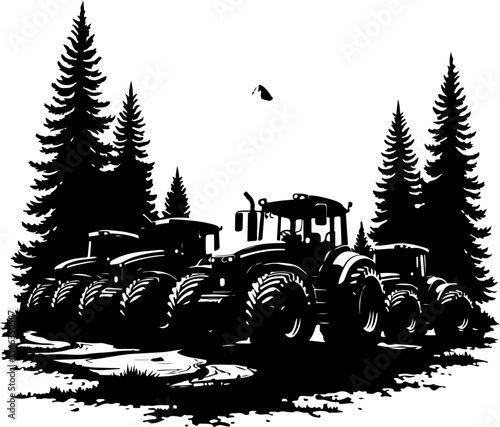 Tractor Convoy Silhouette with Forest Background vector 