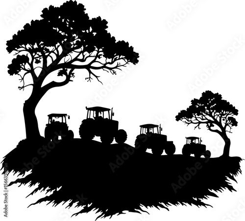 Tractor Convoy Silhouette with Forest Background vector 