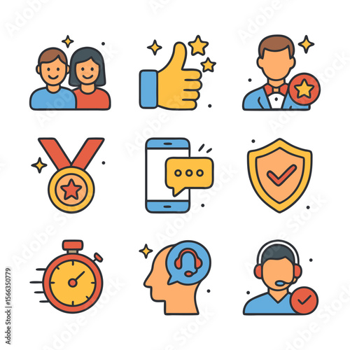 A collection of colorful icons representing customer service and satisfaction elements.