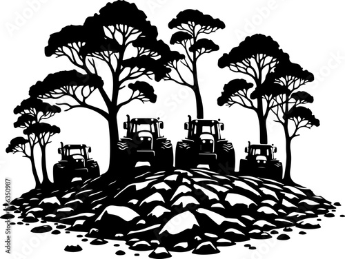 Tractor Convoy Silhouette with Forest Background vector 