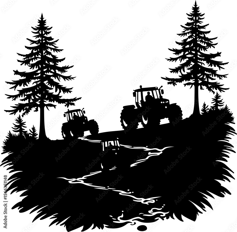 Naklejka premium Tractor Convoy Silhouette with Forest Background vector 