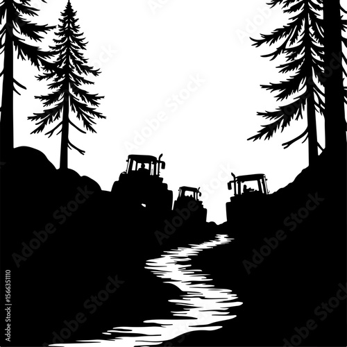 Tractor Convoy Silhouette with Forest Background vector 