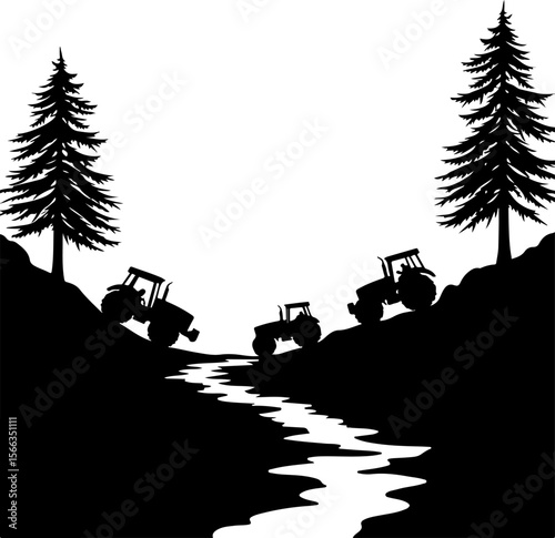 Tractor Convoy Silhouette with Forest Background vector 