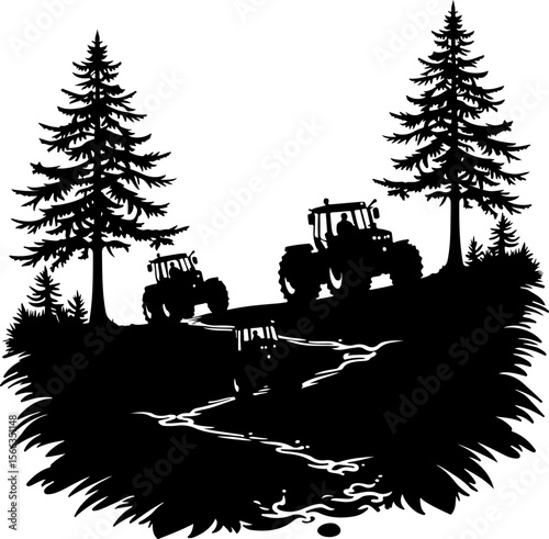 Tractor Convoy Silhouette with Forest Background vector 