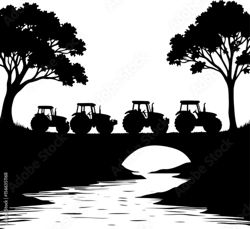 Tractor Convoy Silhouette with Forest Background vector 