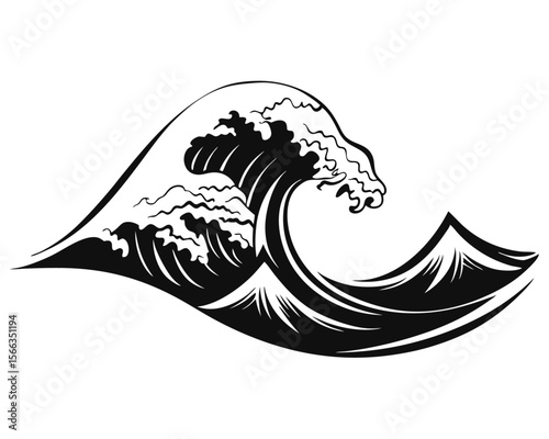 Stylized japanese seascape with dynamic ocean waves in silhouette featuring a bold and artistic coastal design element